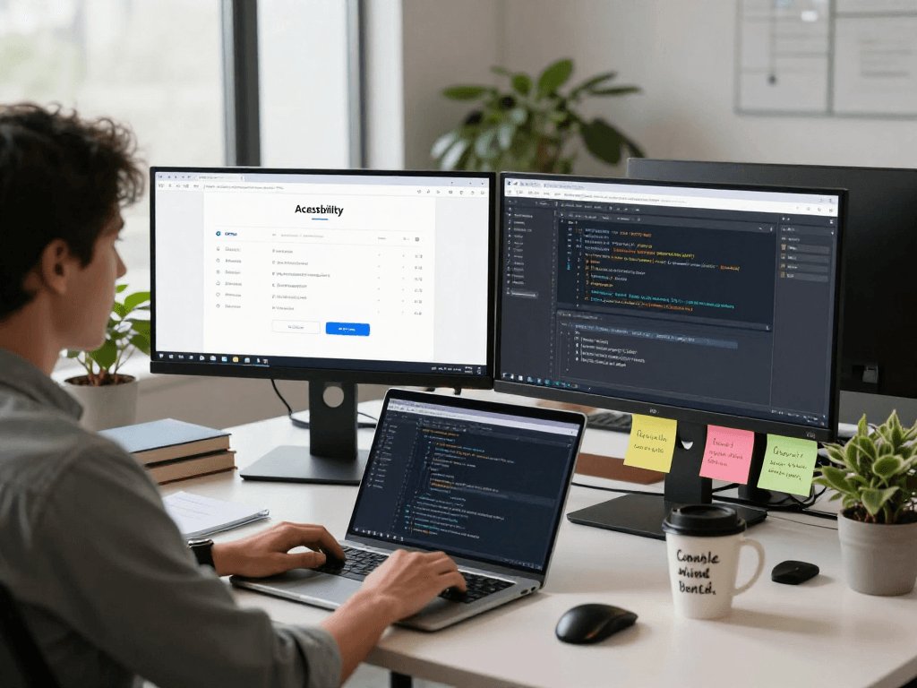 Barrierefreie und rechtssichere Webseiten Dienstleistung in modernem Büro, Entwickler arbeitet an barrierefreiem Webdesign