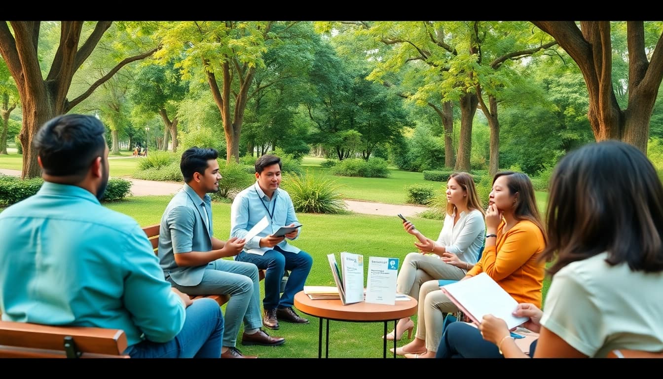 Promote mental health awareness through open conversations in a serene park setting.