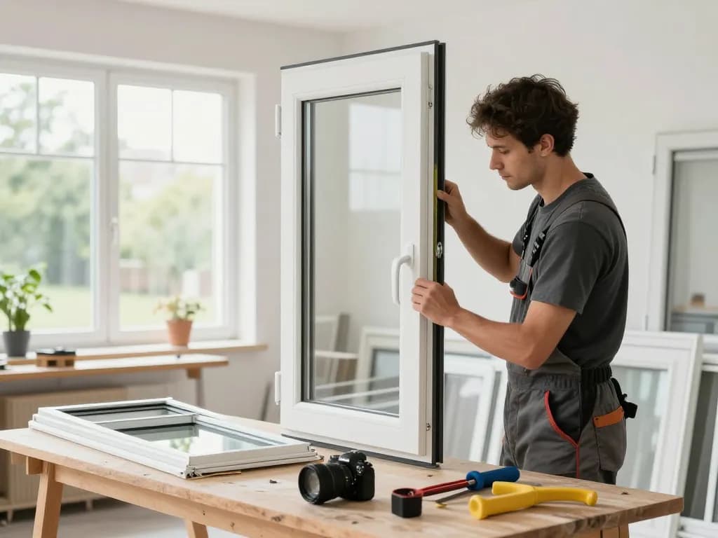 Fachmann bei der Arbeit in der Fensterbau Bonn Werkstatt, der Fenster misst