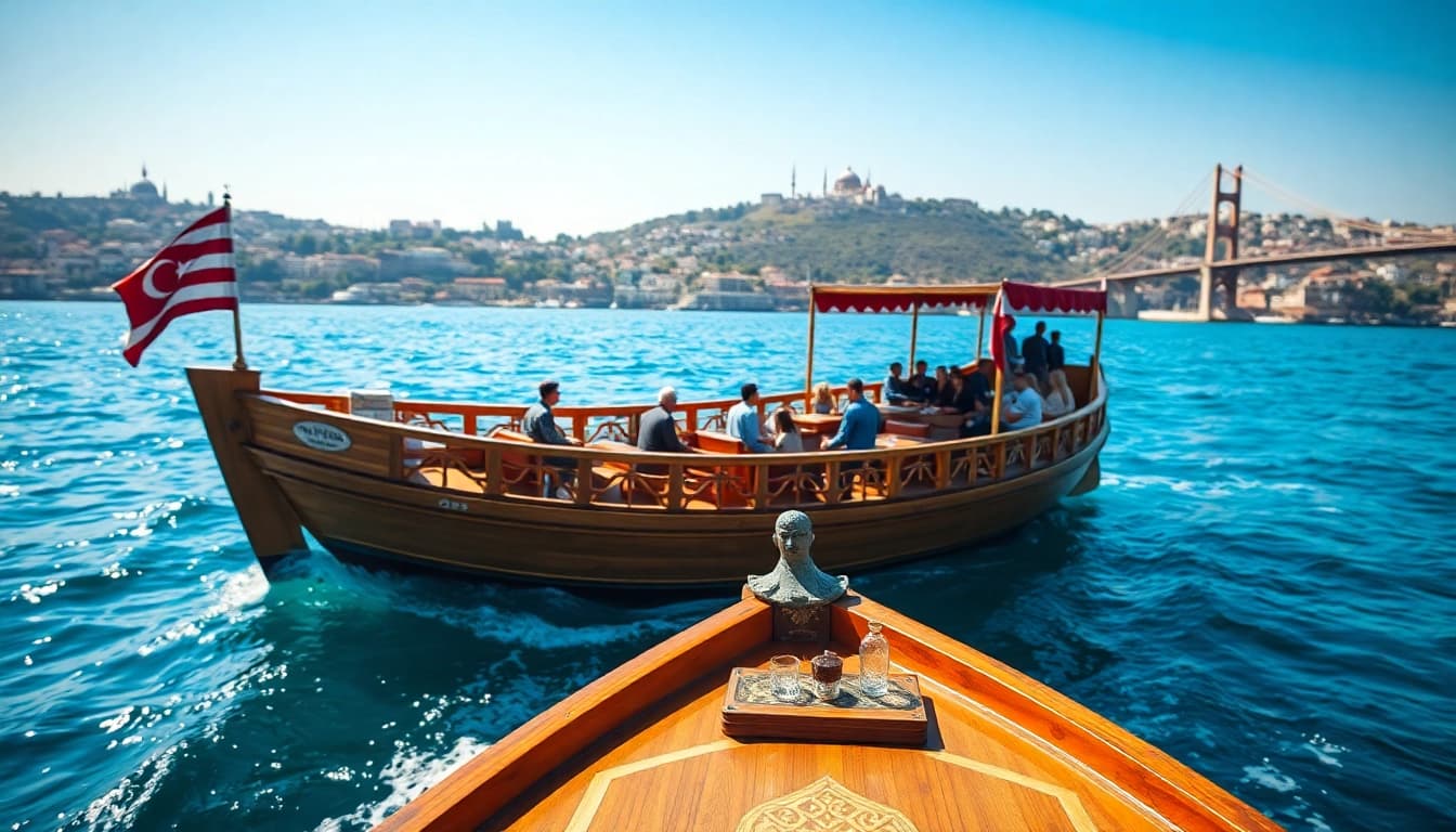 Bosphorus daytime cruise with traditional boat against Istanbul's skyline, showcasing scenic beauty.