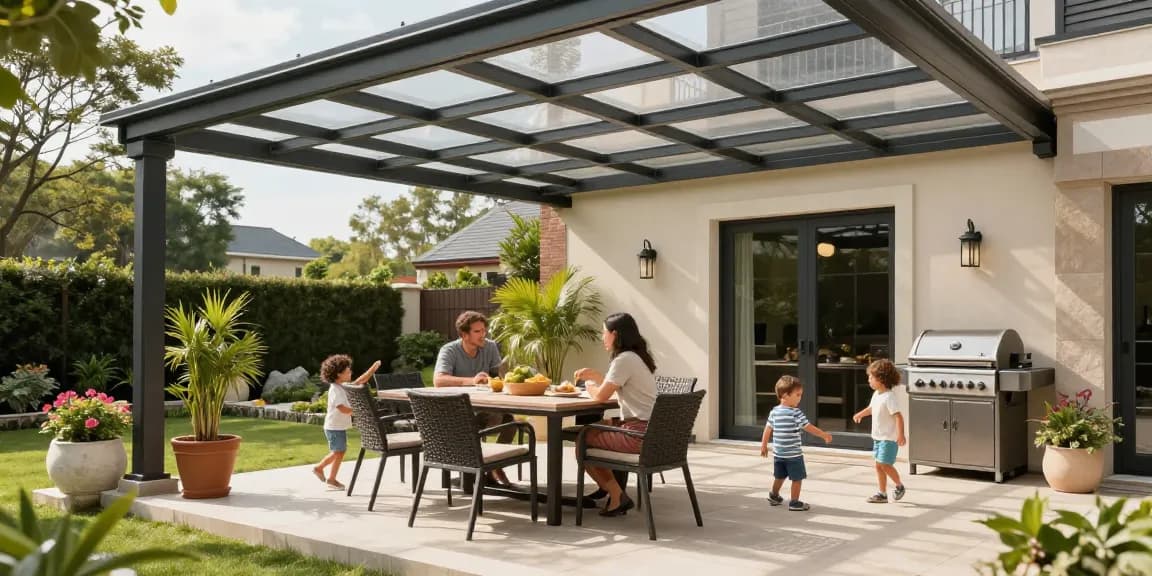 Moderne Terrassenüberdachungen im Garten mit Familie und stilvollem Mobiliar.