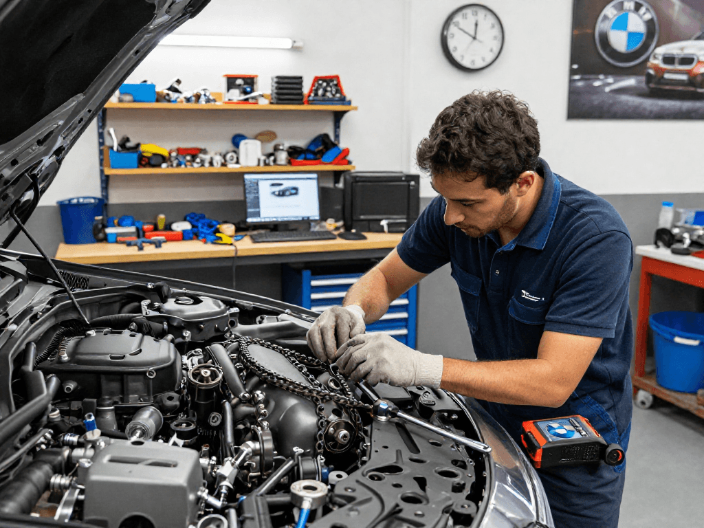 BMW Steuerkette wechseln in professioneller Werkstatt mit erfahrenem Techniker, Werkzeuge sichtbar.