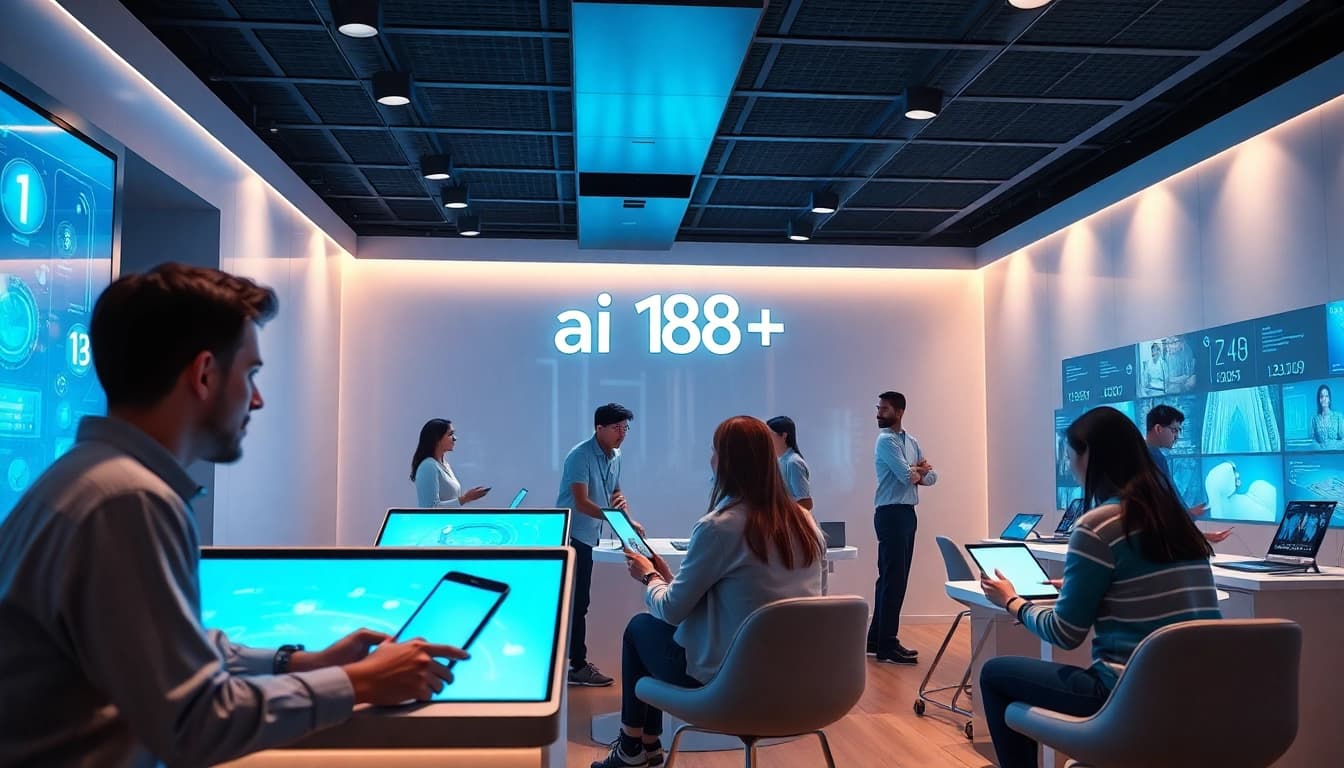 Engaging young adults in a modern AI interaction space showcasing ai 18+ technology.