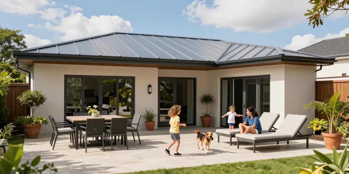Terrassenüberdachung aus Aluminium in einem einladenden Garten mit Sonnenlicht und Familie.