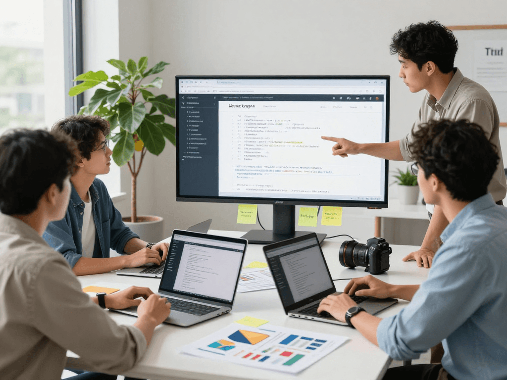 Design team discussing Barrierefreie und rechtssichere Webseiten Dienstleistung in a modern office.