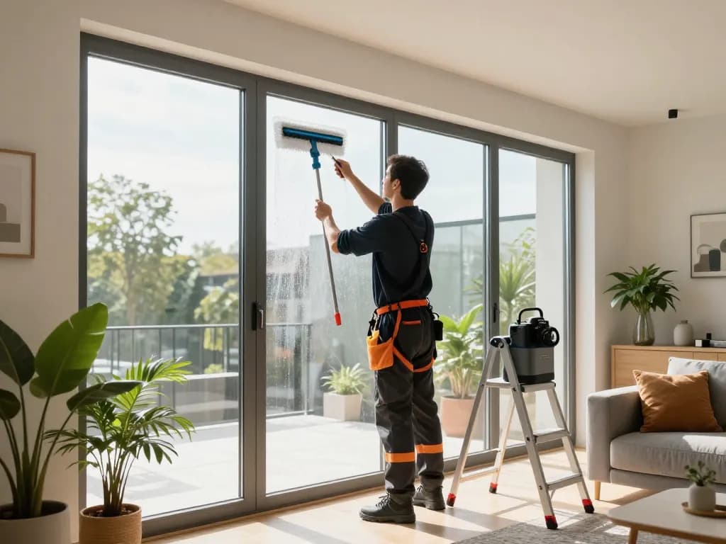 Detaillierte Ansicht der Fensterreinigung in Münster mit einem professionellen Reiniger, der große Fenster und helle Wohnräume reinigt.