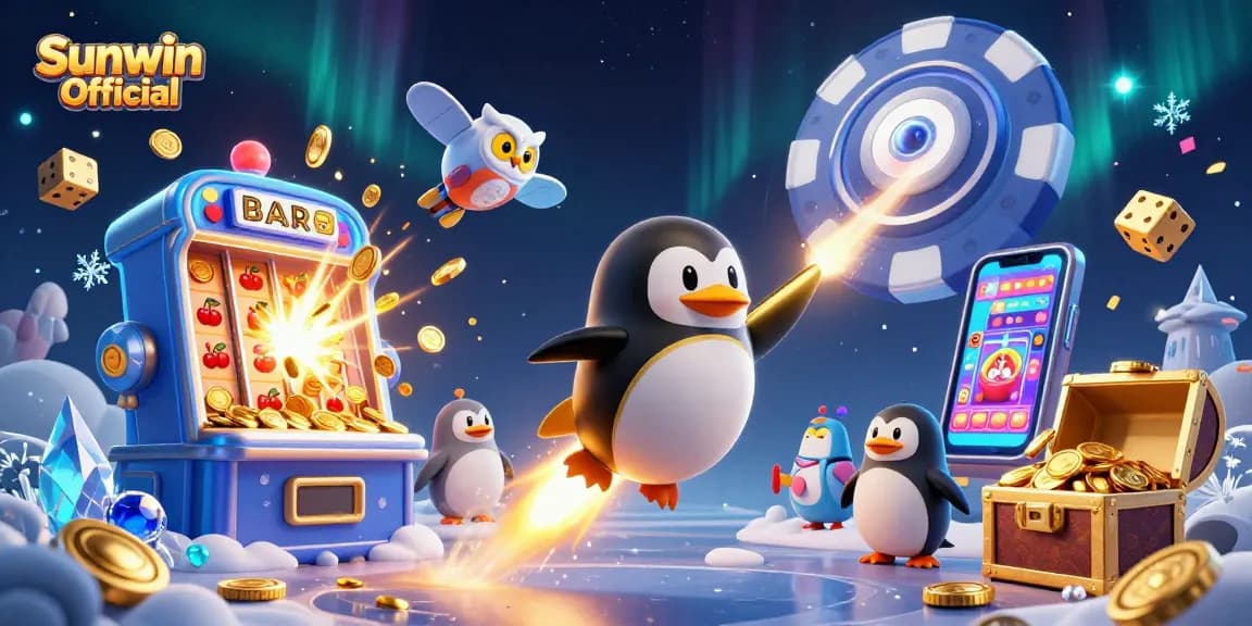 Play exciting games at Sunwin Official with a vibrant scene featuring a golden penguin and jackpot elements.