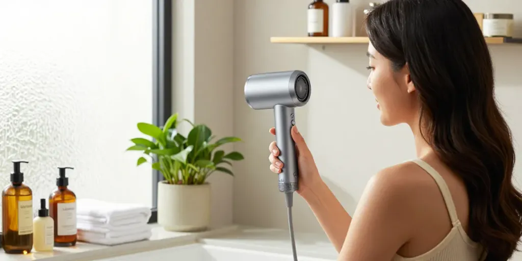 Die Verwendung des Laifen de Haartrockners in einem modernen Badezimmer mit elegantem Design und luxuriösen Pflegeprodukten.