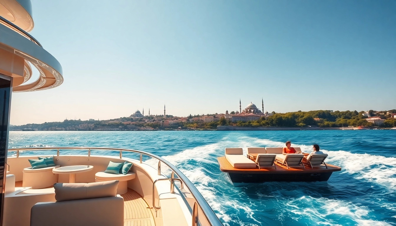 Bestehendes Erlebnis einer bosphorus daytime cruise mit luxuriösem Yachting und Istanbuls Skyline.