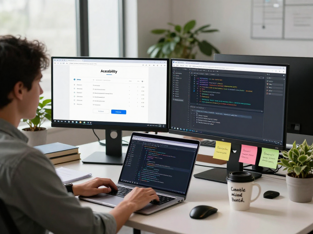 Barrierefreie und rechtssichere Webseiten Dienstleistung in modernem Büro, Entwickler arbeitet an barrierefreiem Webdesign
