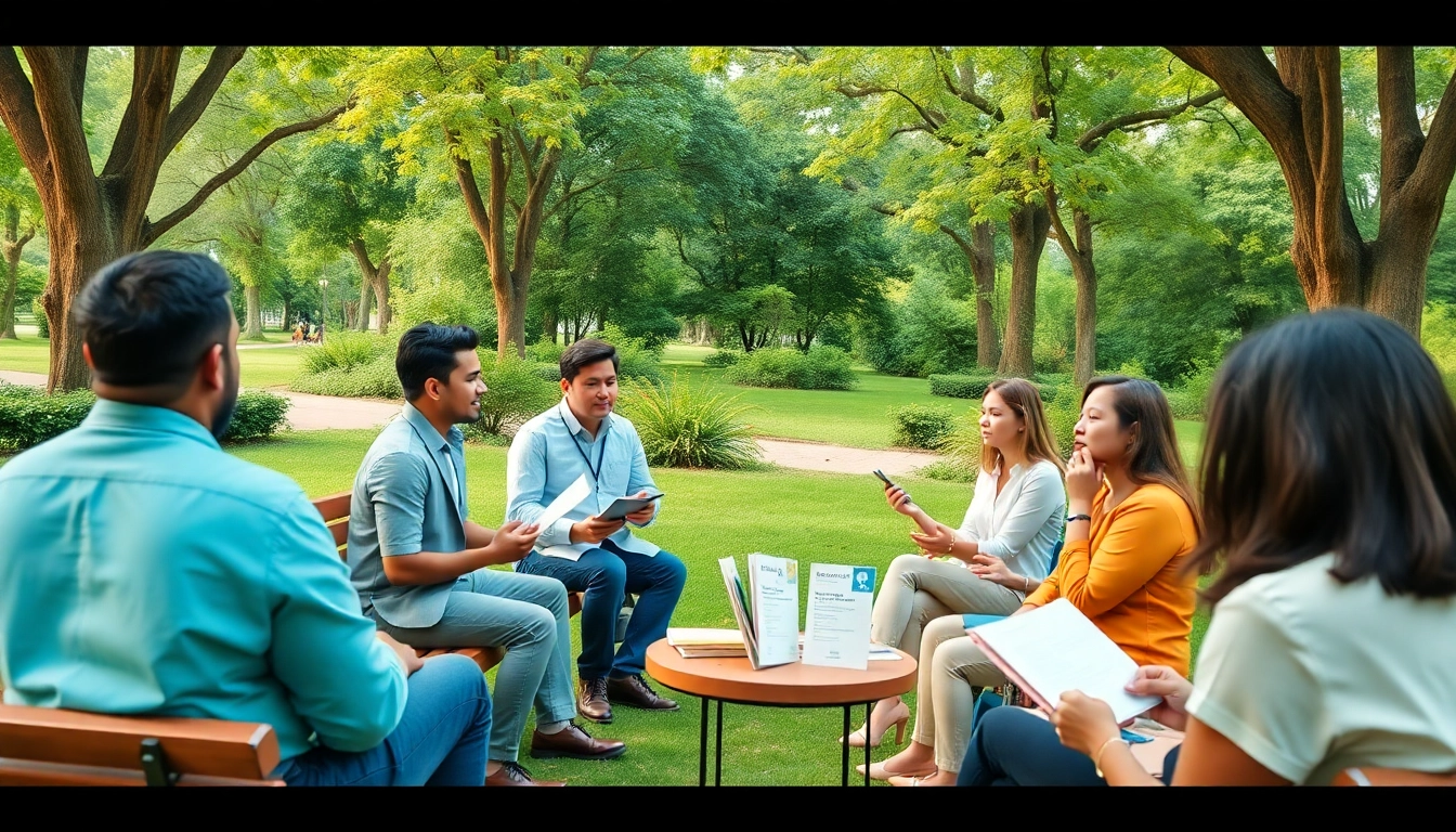 Promote mental health awareness through open conversations in a serene park setting.