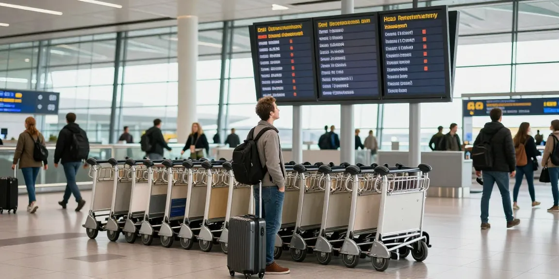 Transfer Flughafen Frankfurt: Reisender mit Koffer am Informationsboard im modernen Flughafen.