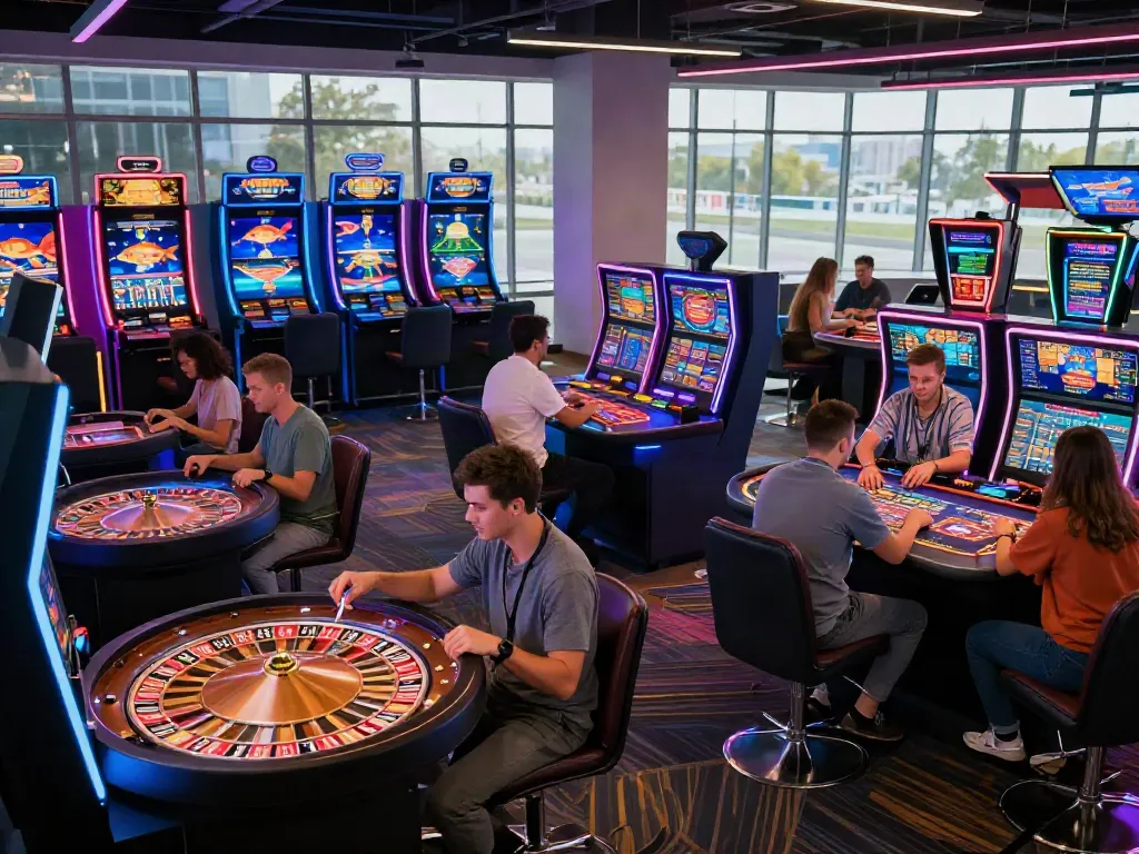 Exciting gaming atmosphere at TA88 online casino featuring diverse players and vibrant gaming setups.