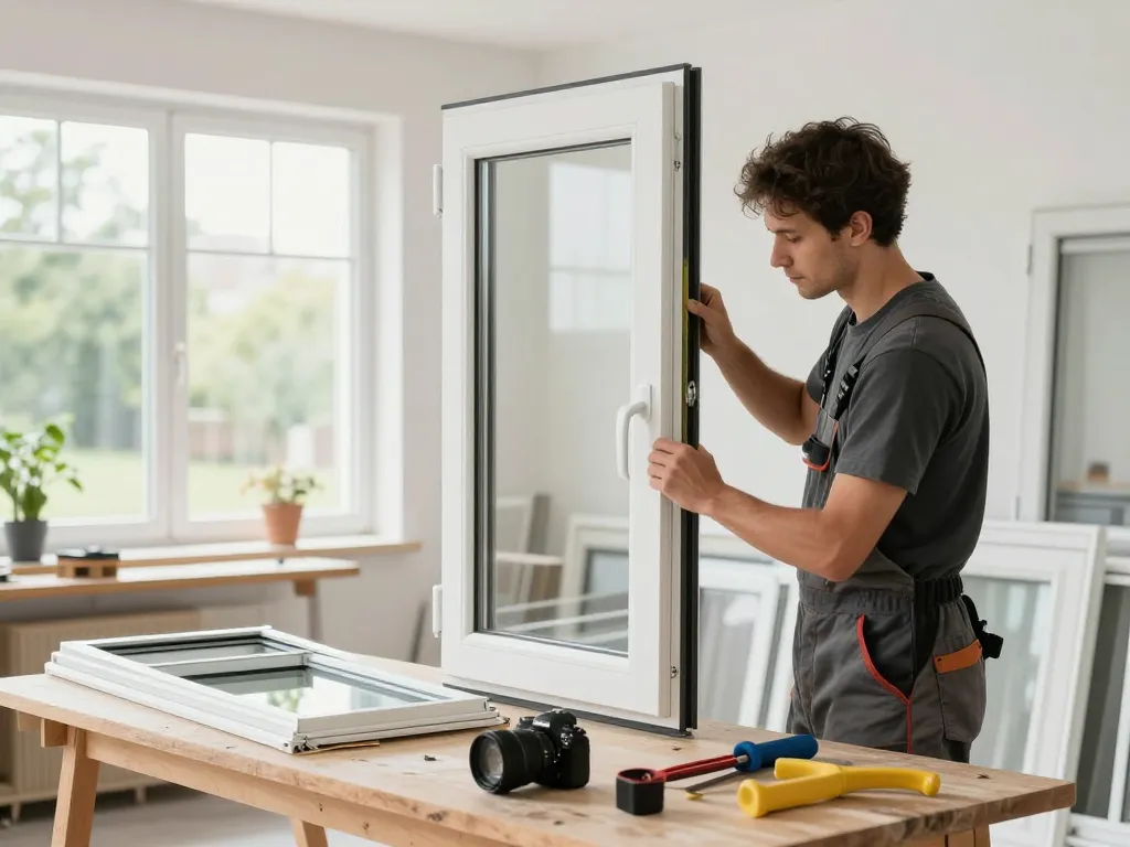 Fachmann bei der Arbeit in der Fensterbau Bonn Werkstatt, der Fenster misst