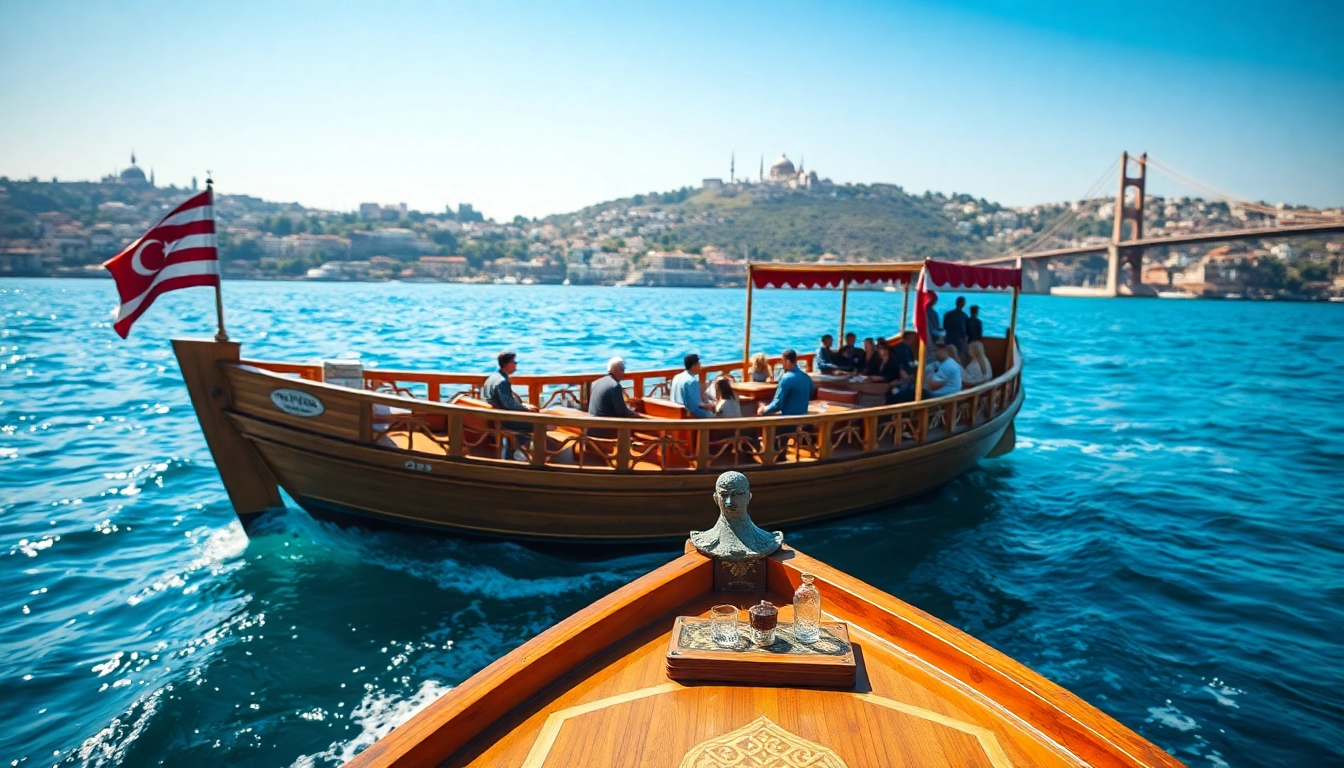 Bosphorus daytime cruise with traditional boat against Istanbul's skyline, showcasing scenic beauty.