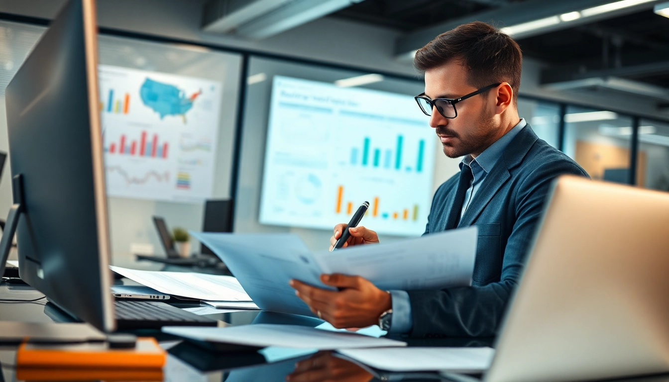 Headhunter IT consultant reviews candidate profiles in a focused office environment.