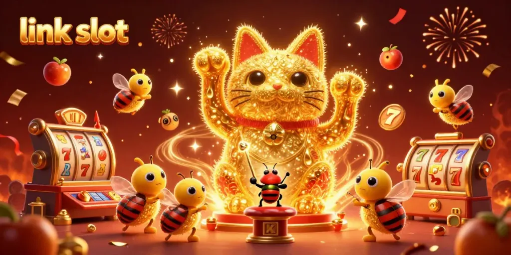 Experience excitement with link slot as golden fireflies create a lucky cat amongst spinning reels and symbols.
