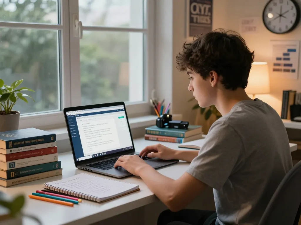 Student nutzt Hausaufgaben KI-Tools in einer gemütlichen Lernumgebung, konzentriert auf die Verbesserung von Hausaufgabenlösungen.