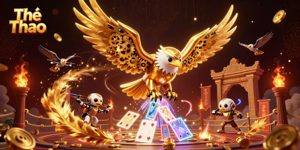 Thể Thao action of a cybernetic golden eagle diving through dynamic holographic cards.
