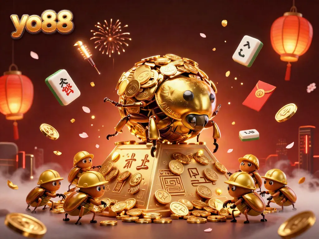 Experience the thrill of yo88 with golden beetles and vibrant casino symbols in a dynamic 3D scene.