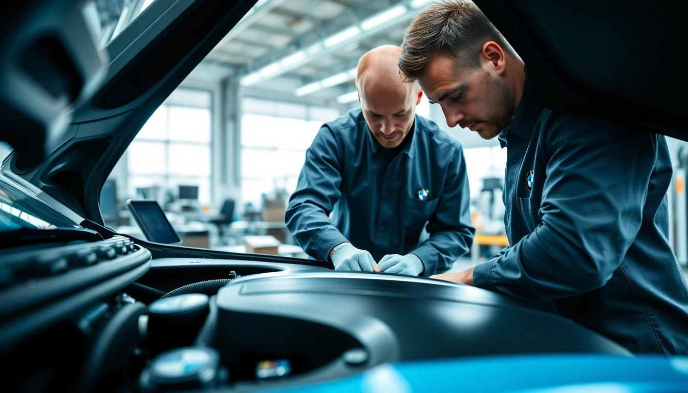 Bei der BMW Codierung arbeitet ein Mechaniker an einem BMW-Auto im modernen Werkstatt