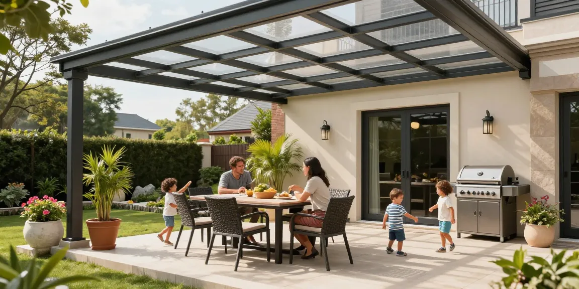 Moderne Terrassenüberdachungen im Garten mit Familie und stilvollem Mobiliar.