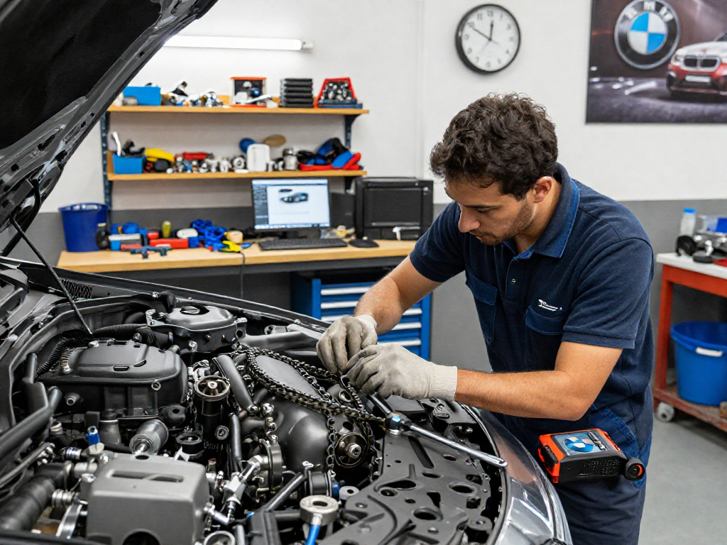 BMW Steuerkette wechseln in professioneller Werkstatt mit erfahrenem Techniker, Werkzeuge sichtbar.