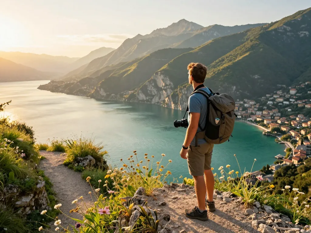 Gardasee Reisetipps: Reisender, der die atemberaubende Aussicht auf den Gardasee bei Sonnenuntergang betrachtet und Abenteuer verkörpert.