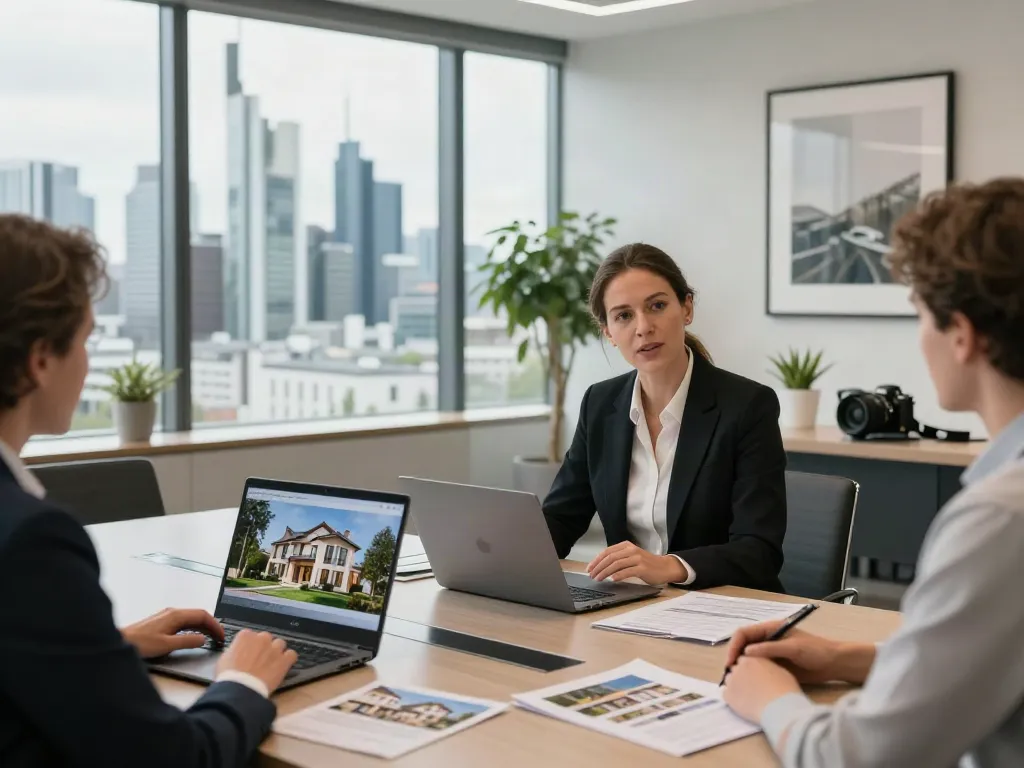 Bester Immobilienmakler Frankfurt berät Kunden in modernem Büro mit Blick auf die Skyline