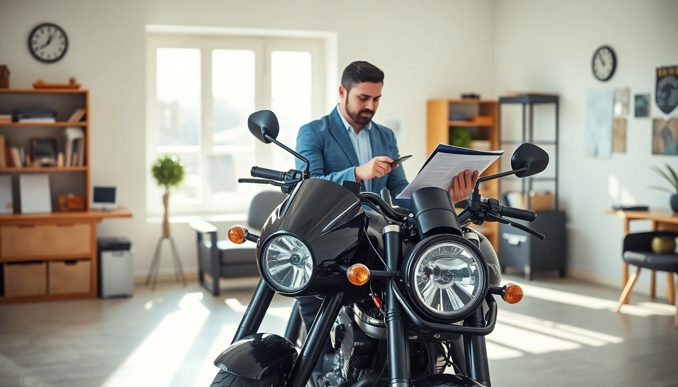 Motorrad Gutachter examining a motorcycle in a professional office environment.