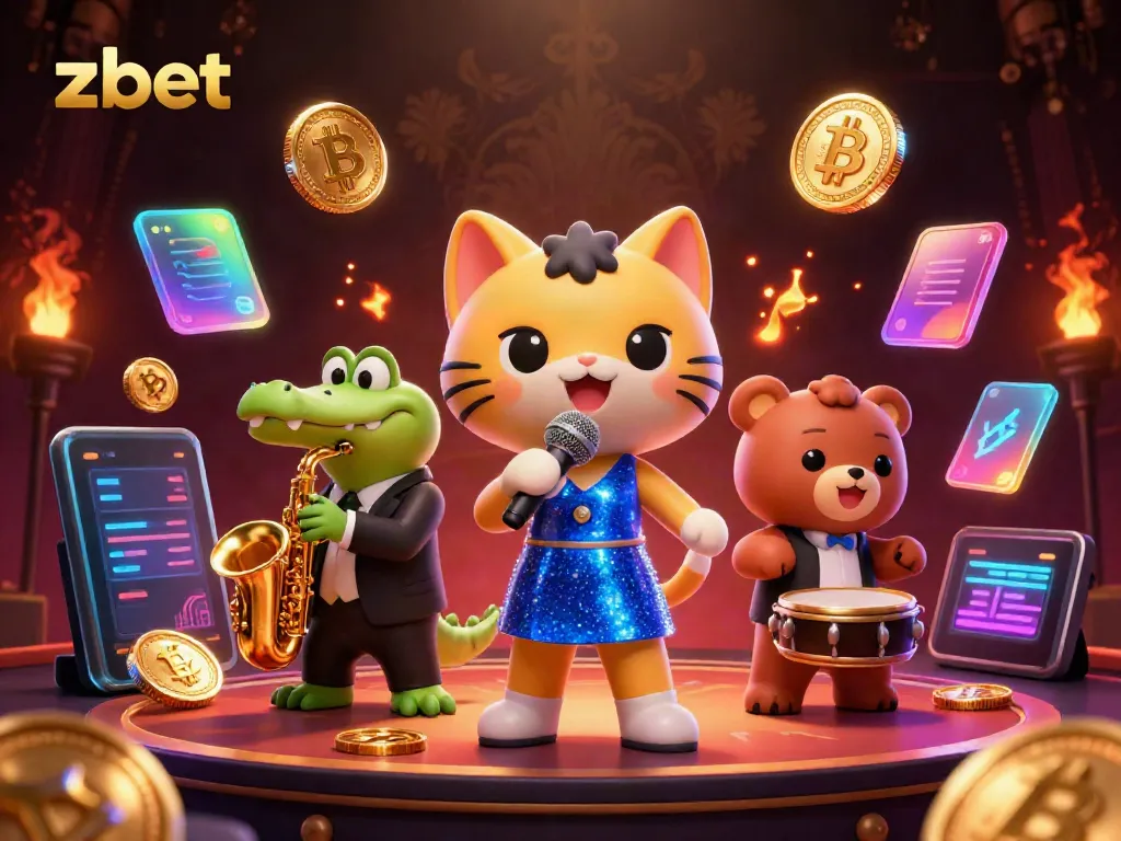 Engage in thrilling entertainment at zbet with a vibrant casino scene featuring jazz-singer cat, crocodile, and bear.