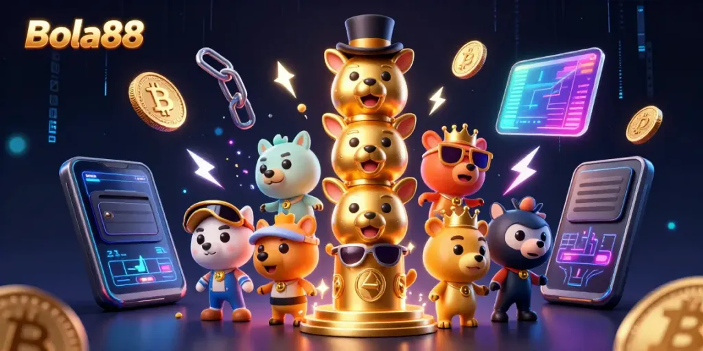 Experience the vibrant energy of Bola88 with dynamic casino elements showcasing crypto coins and a whimsical totem pole.