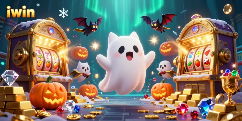 iwin your luck with a vibrant haunted casino scene showcasing a ghost cat and jackpot elements.