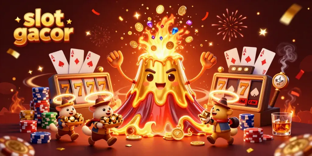Engage with slot gacor's thrilling jackpot excitement as golden volcano erupts treasure amidst colorful poker chips.