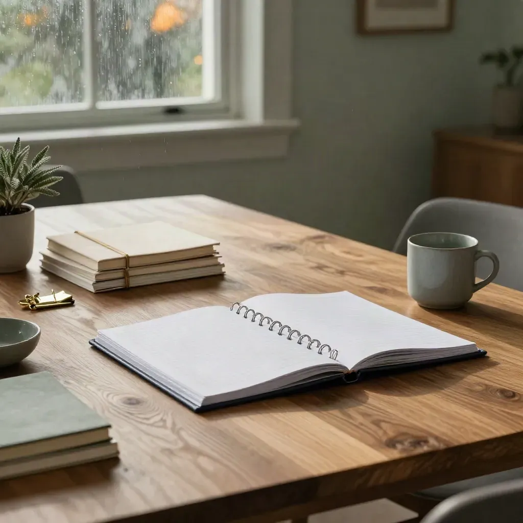 Esstisch mit Ringordner, Papierstapeln, Tasse und Pflanze am regnerischen Fenster.