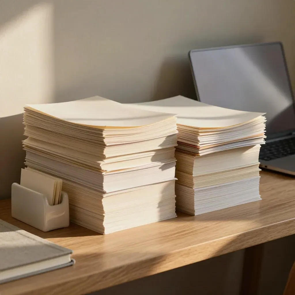 Arbeitszimmer mit gestaffelten Papierstapeln, Notizbüchern, Kartenhaltern und geschlossenem Laptop