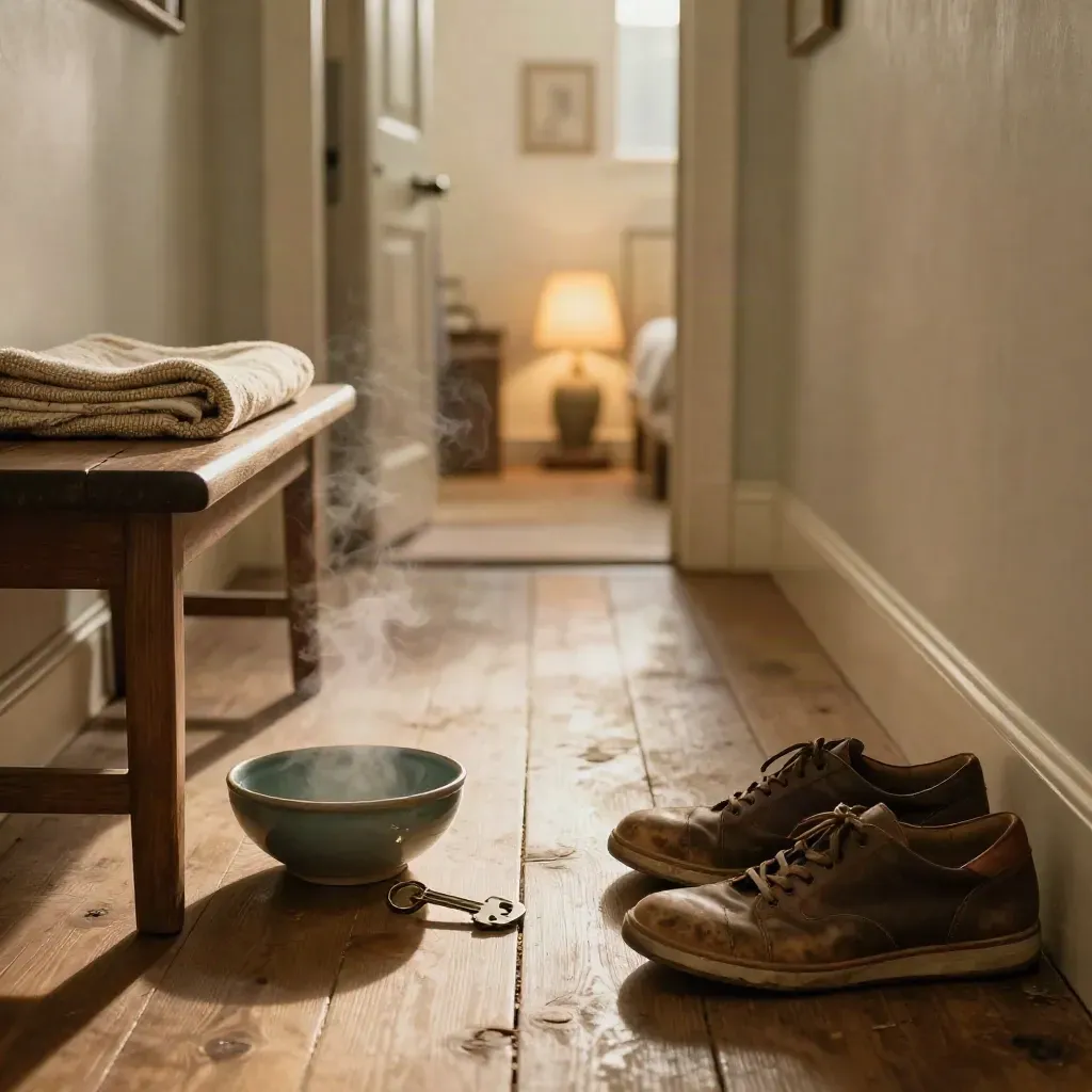 Stiller Flur mit Schuhpaaren, Schale für Schlüssel, Decke auf der Bank und warmer Lampe im Dampf.