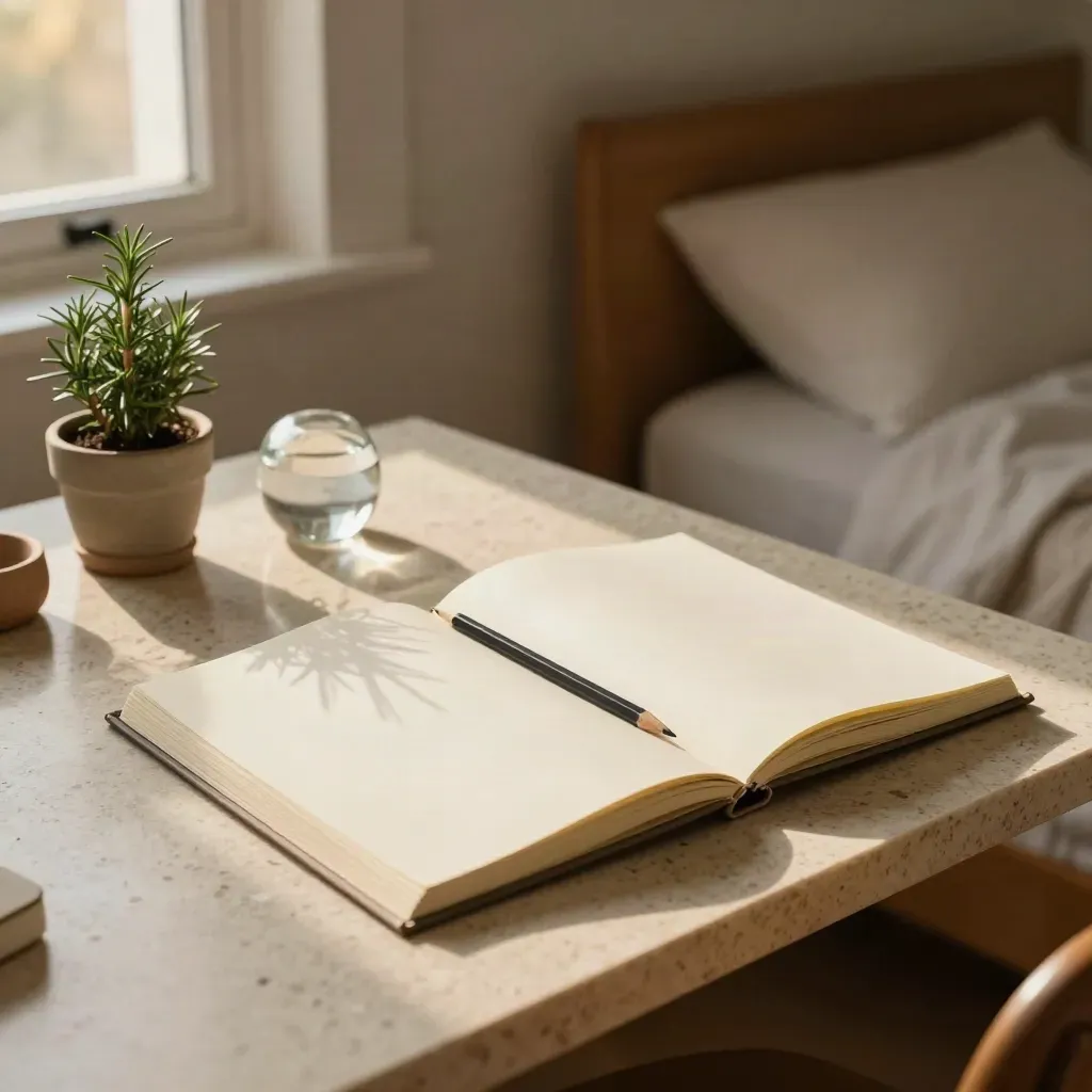 Schreibtisch im Schlafzimmer mit offenem Ringbuch, Karteikarte, Bleistift, Glasgewicht und Pflanze.