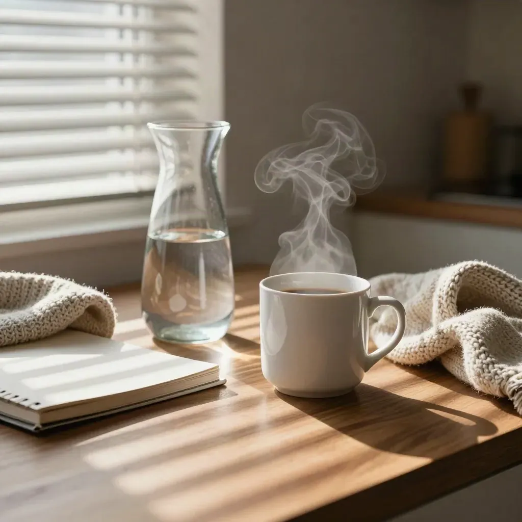 Morgendliche Küche mit Kaffeetasse, Wasserkaraffe, Pullover und Jalousien im schrägen Licht.