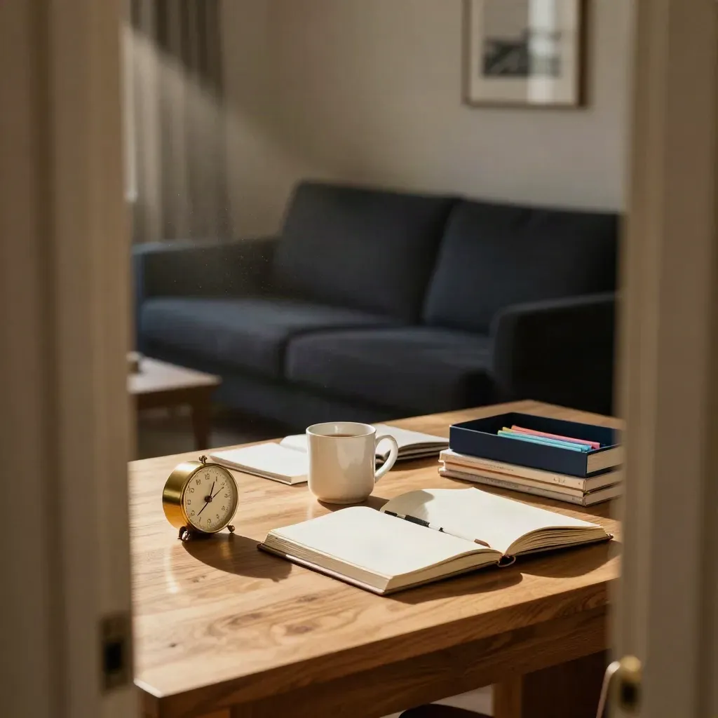 Ruhiges Homeoffice mit Timer, Planern, Tasse und dunkler Couch im Abendlicht.