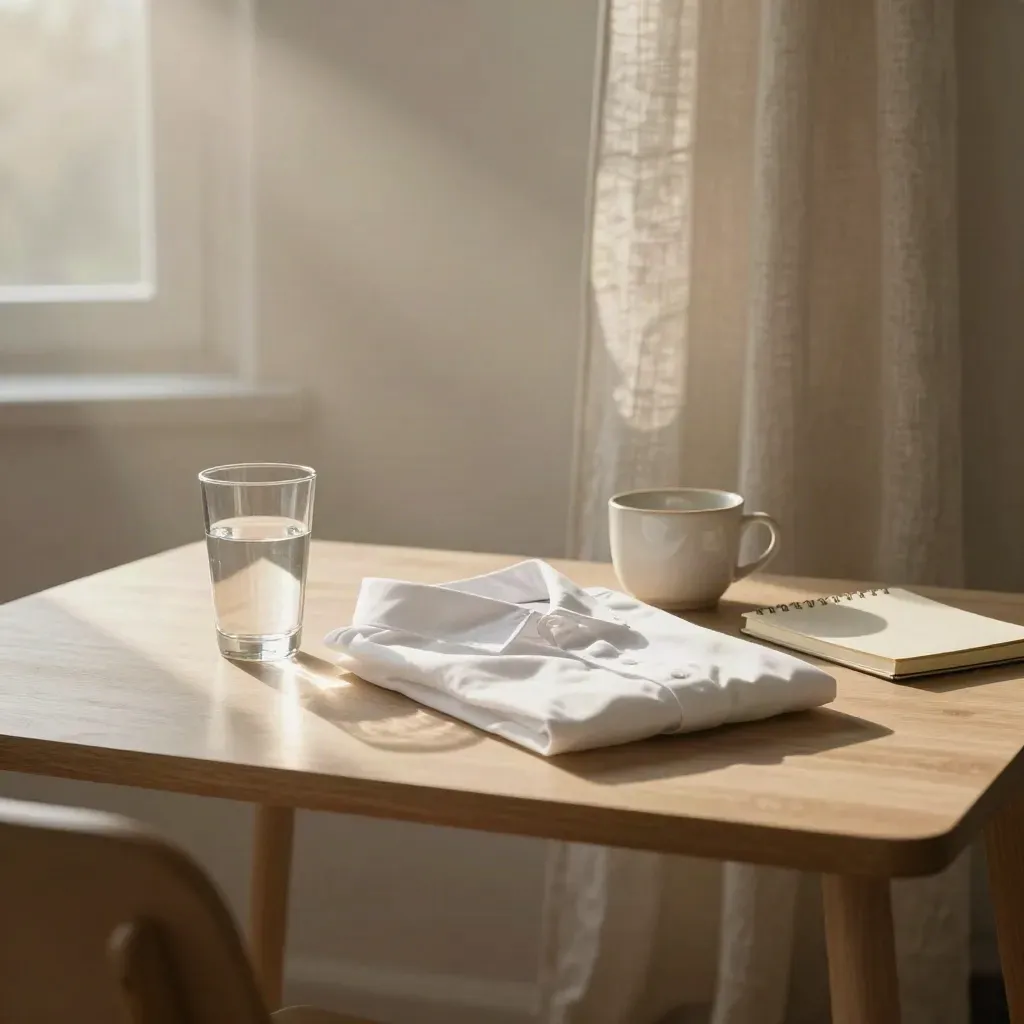 Morgendliche Frühstücksecke mit Glas, Hemd, Tasse, Notizbuch und halb offenem Vorhang.