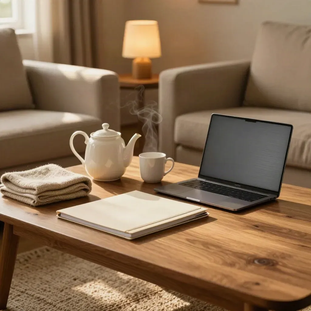 Gemütliche Wohnzimmerecke mit Arbeitsmappe, Teekanne, Decke, Lampe und geschlossenem Laptop bei Abendlicht.