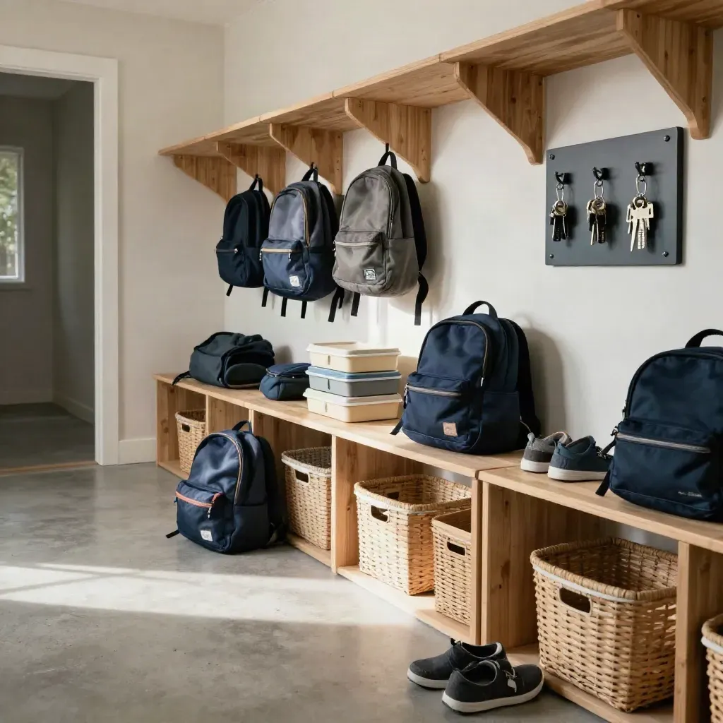 Familien-Garderobe mit Ranzen, Brotdosen, Körben und Schuhen im Morgenlicht