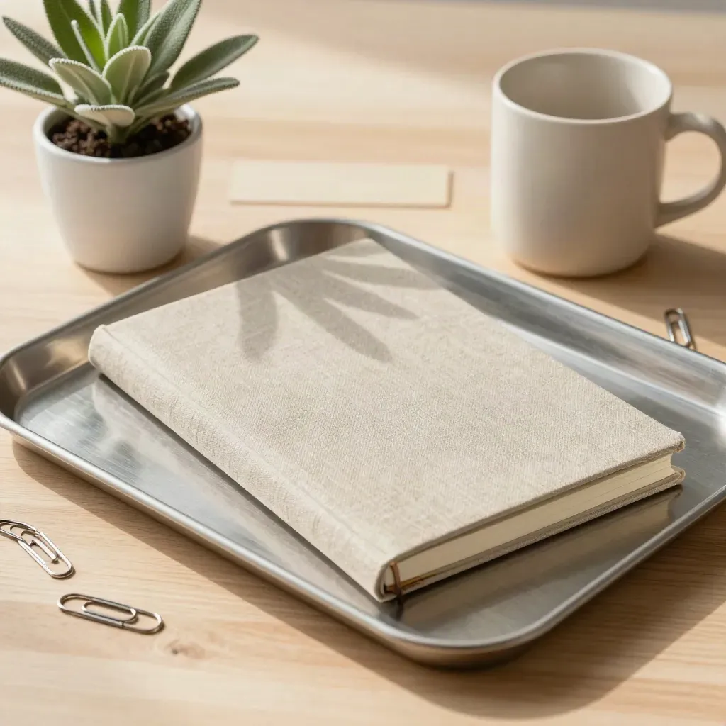 Geschlossenes Arbeitsnotizbuch mit Pflanze, Tasse und Büroklammern auf hellem Holztablett.