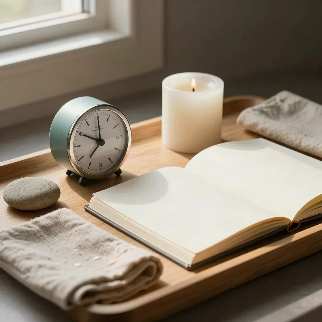 Analoger Timer, Kerzenrest, Notizbuch, Stein und Leinentuch auf Holztablett im ruhigen Licht