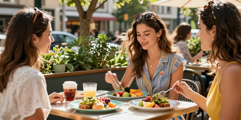 Elegante Frau bei einem Brunch im Freien, in stilvoller Kleidung, die den Lifestyle von lady-lifestyle.de verkörpert.