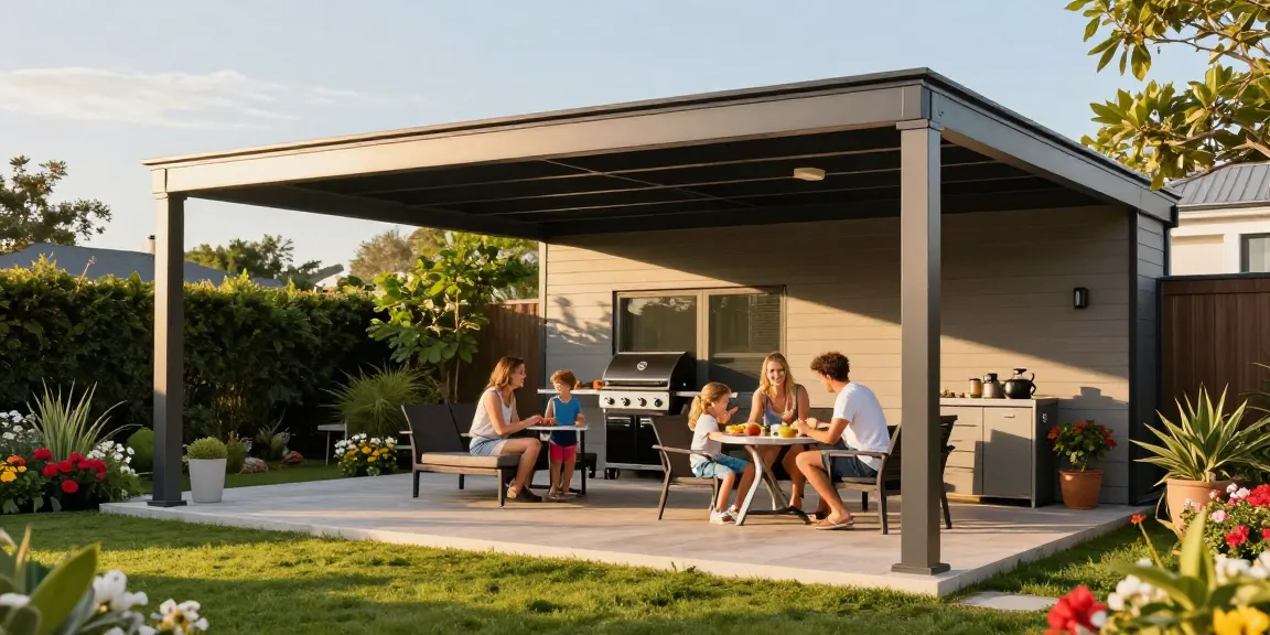 Moderne Terrassenüberdachung freistehend im Garten mit Familie beim Barbecue.