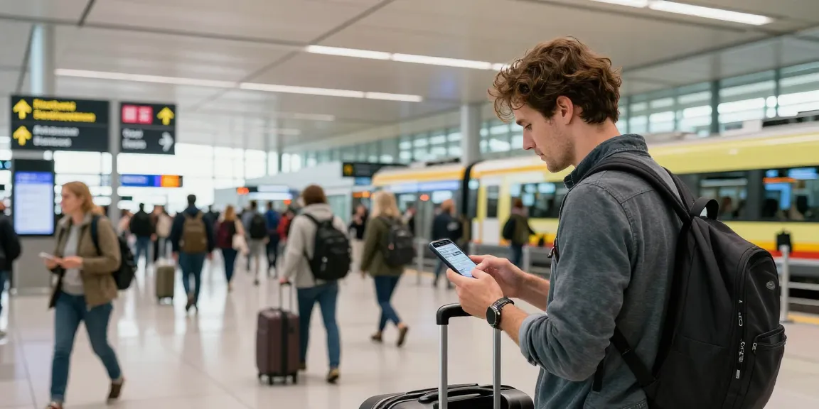 Flughafen Frankfurt transport scene showing traveler navigating busy airport terminal.