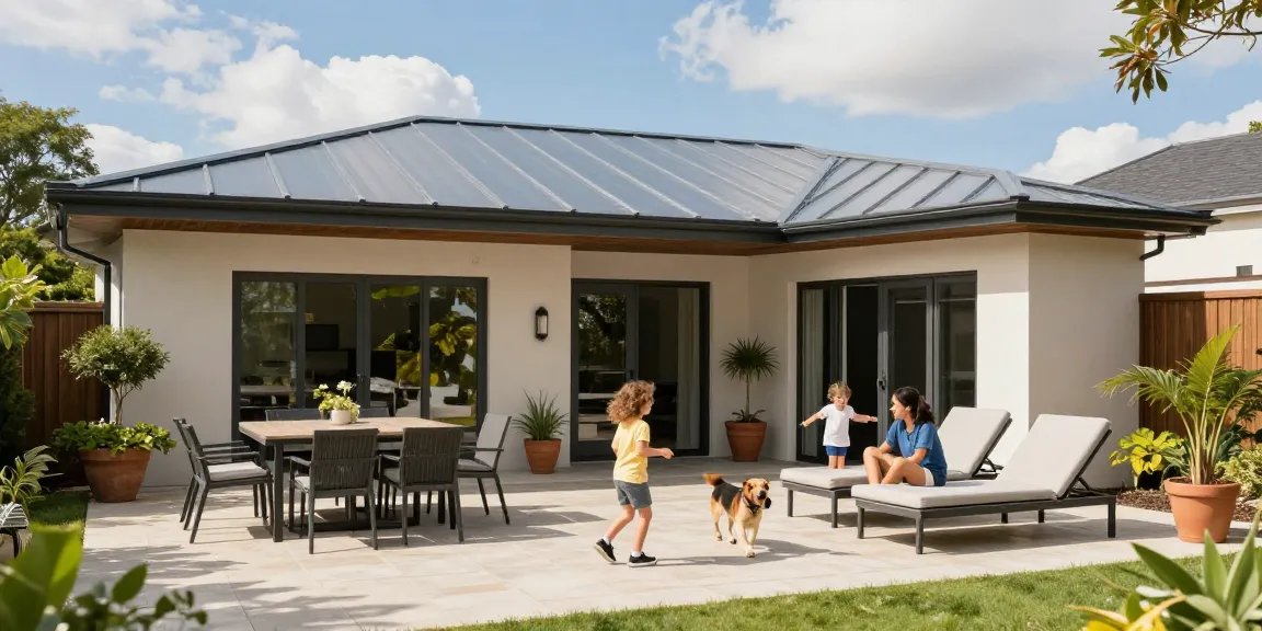 Terrassenüberdachung aus Aluminium in einem einladenden Garten mit Sonnenlicht und Familie.
