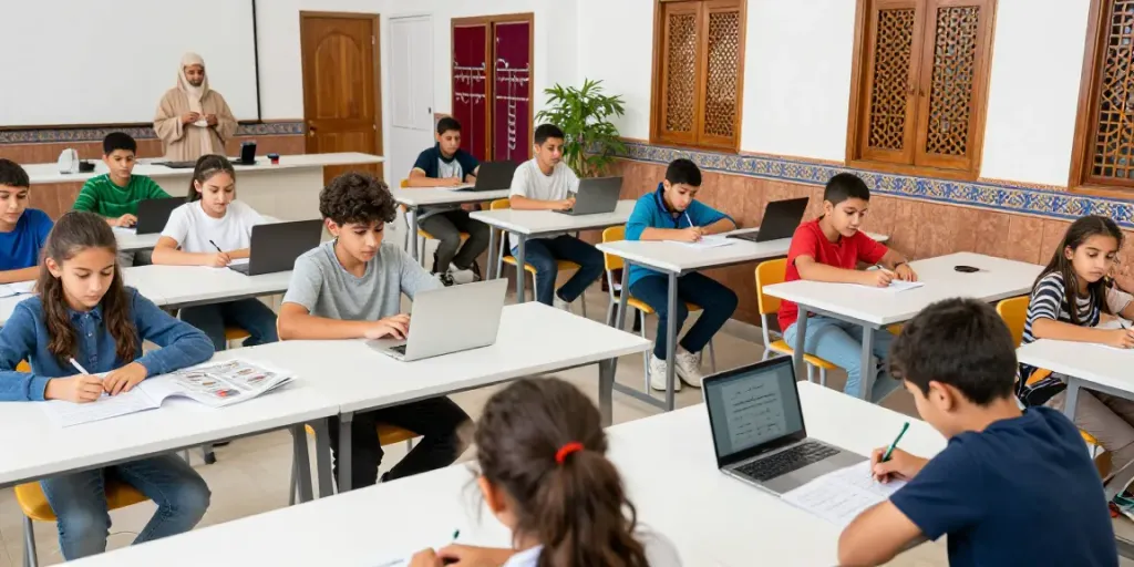 Arabisch lernen in Marokko: Interaktive Sprachkurse mit Muttersprachlern in einem modernen Klassenzimmer.